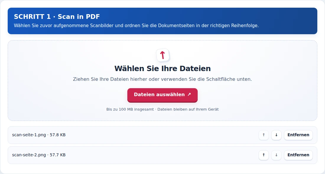 Scan in PDF, Schritt 1: Wählen Sie zuvor aufgenommene Scanbilder und ordnen Sie die Dokumentseiten in der richtigen Reihenfolge.