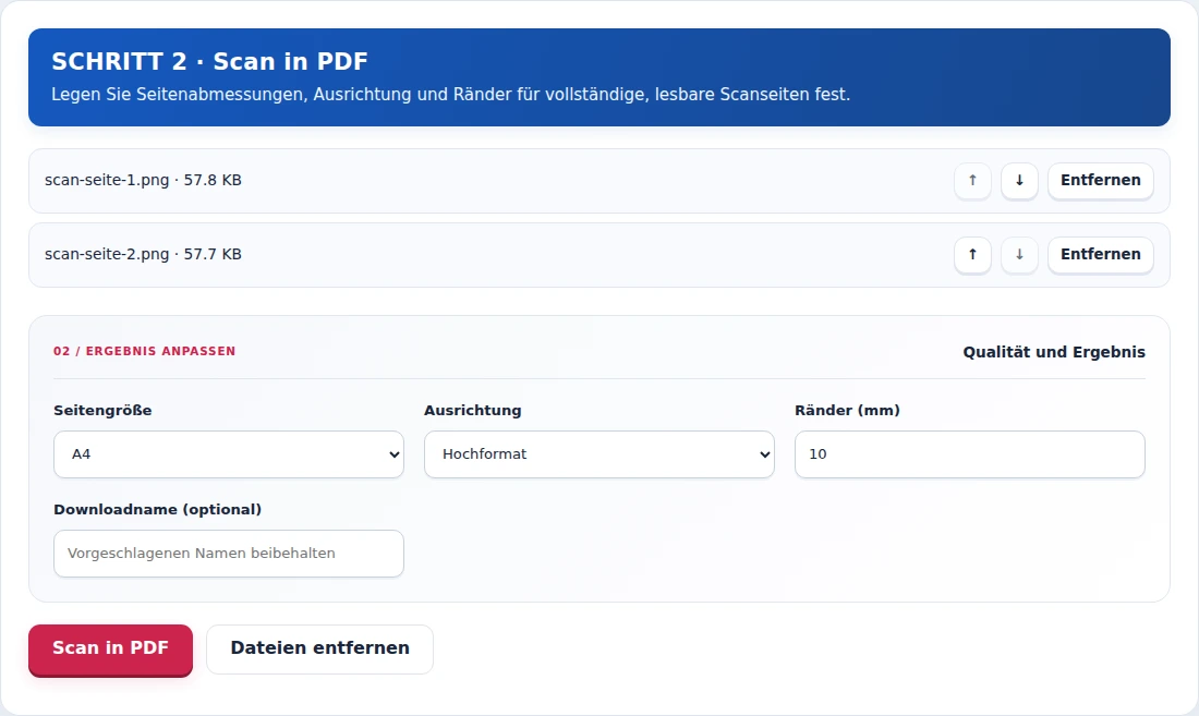 Scan in PDF, Schritt 2: Legen Sie Seitenabmessungen, Ausrichtung und Ränder für vollständige, lesbare Scanseiten fest.