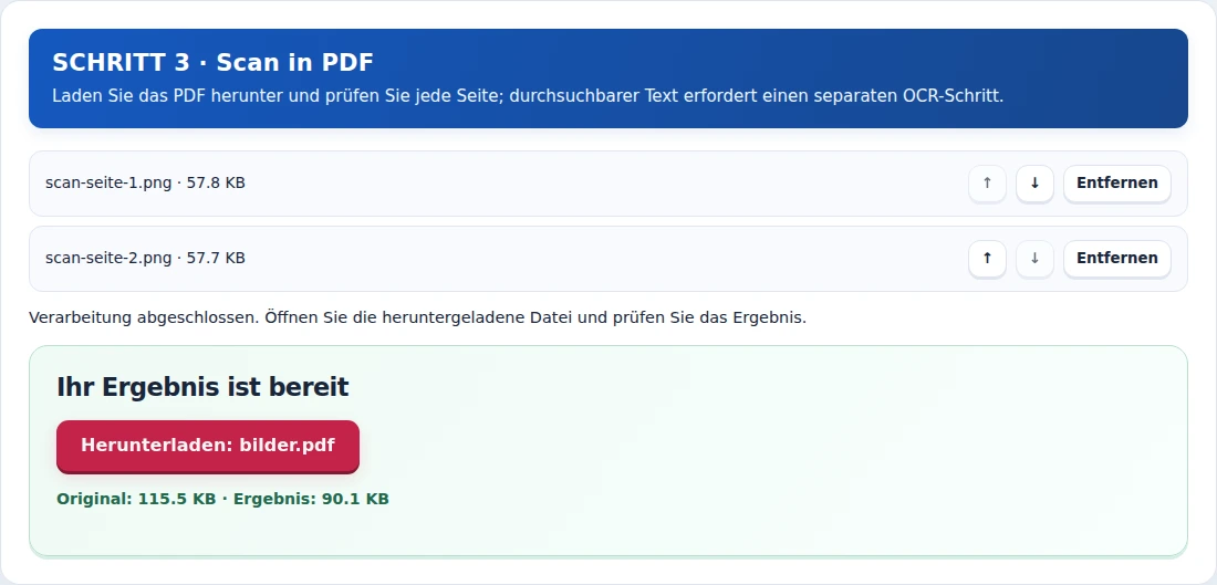Scan in PDF, Schritt 3: Laden Sie das PDF herunter und prüfen Sie jede Seite; durchsuchbarer Text erfordert einen separaten OCR-Schritt.