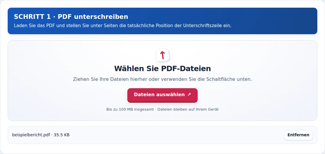 PDF unterschreiben, Schritt 1: Laden Sie das PDF und stellen Sie unter Seiten die tatsächliche Position der Unterschriftszeile ein.