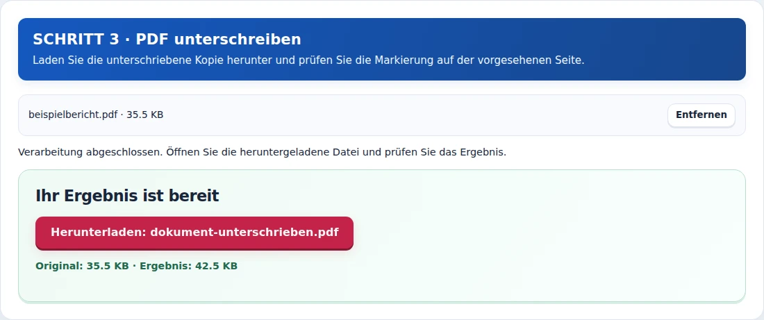 PDF unterschreiben, Schritt 3: Laden Sie die unterschriebene Kopie herunter und prüfen Sie die Markierung auf der vorgesehenen Seite.