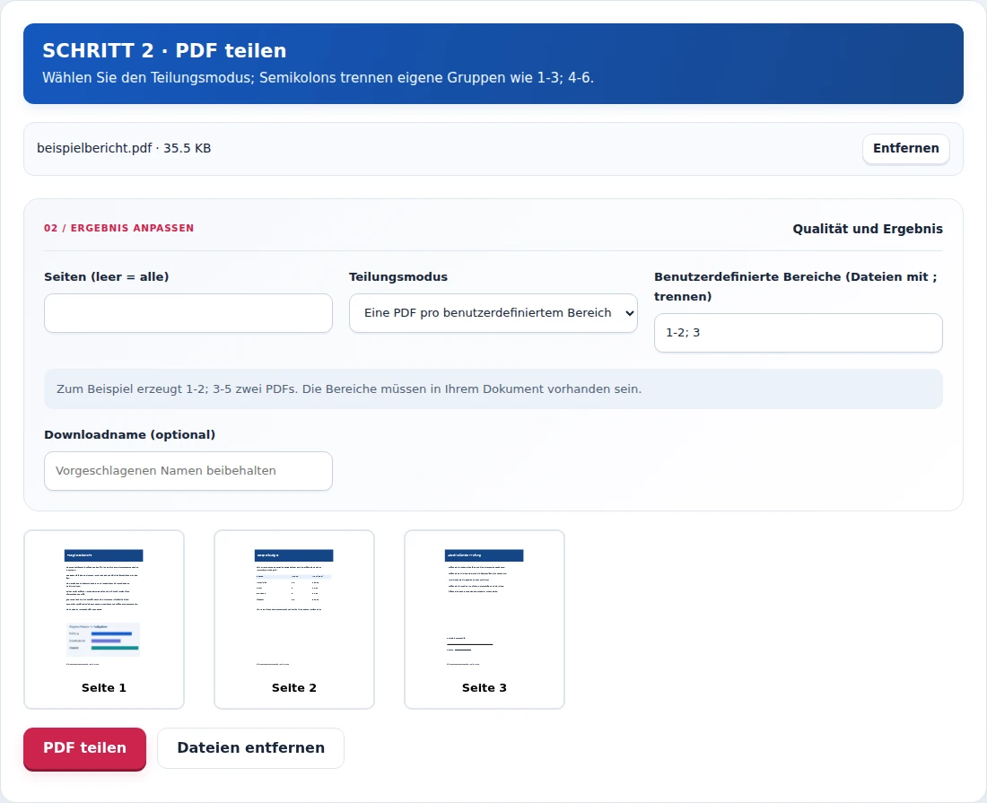 PDF teilen, Schritt 2: Wählen Sie den Teilungsmodus; Semikolons trennen eigene Gruppen wie 1-3; 4-6.