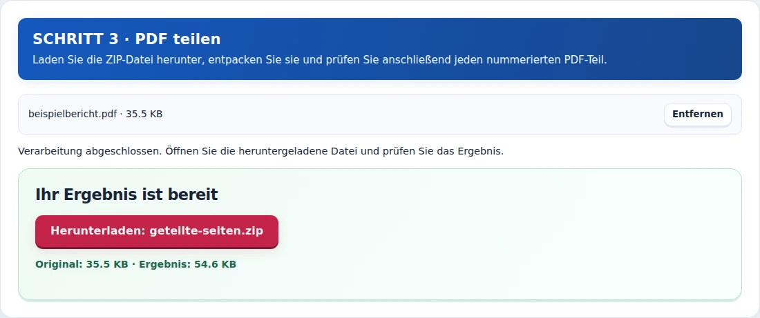PDF teilen, Schritt 3: Laden Sie die ZIP-Datei herunter, entpacken Sie sie und prüfen Sie anschließend jeden nummerierten PDF-Teil.