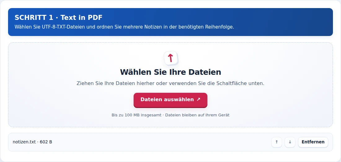 Text in PDF, Schritt 1: Wählen Sie UTF-8-TXT-Dateien und ordnen Sie mehrere Notizen in der benötigten Reihenfolge.