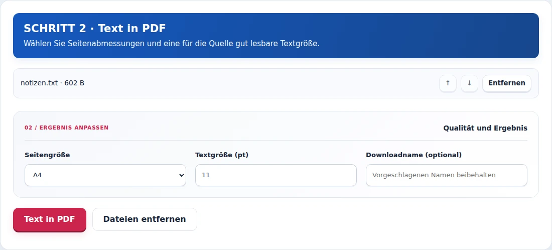 Text in PDF, Schritt 2: Wählen Sie Seitenabmessungen und eine für die Quelle gut lesbare Textgröße.