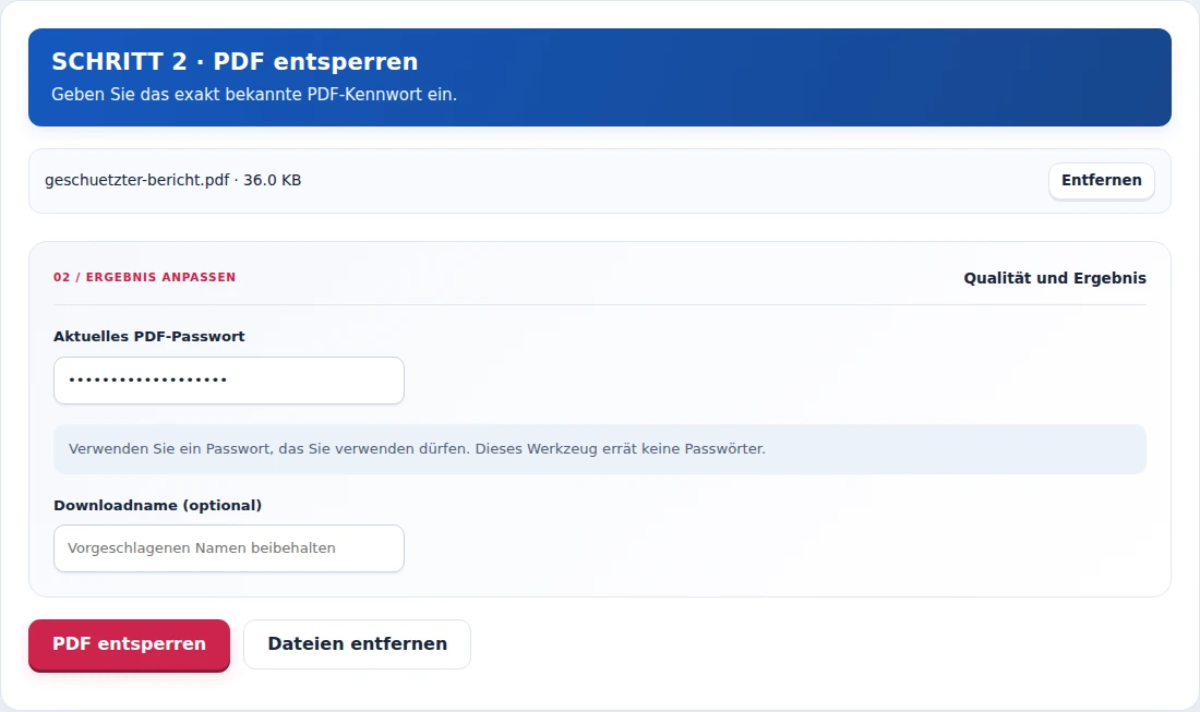 PDF entsperren, Schritt 2: Geben Sie das exakt bekannte PDF-Kennwort ein.