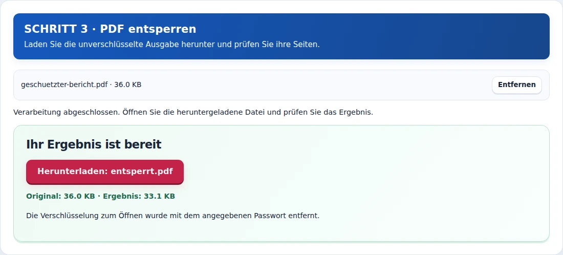 PDF entsperren, Schritt 3: Laden Sie die unverschlüsselte Ausgabe herunter und prüfen Sie ihre Seiten.