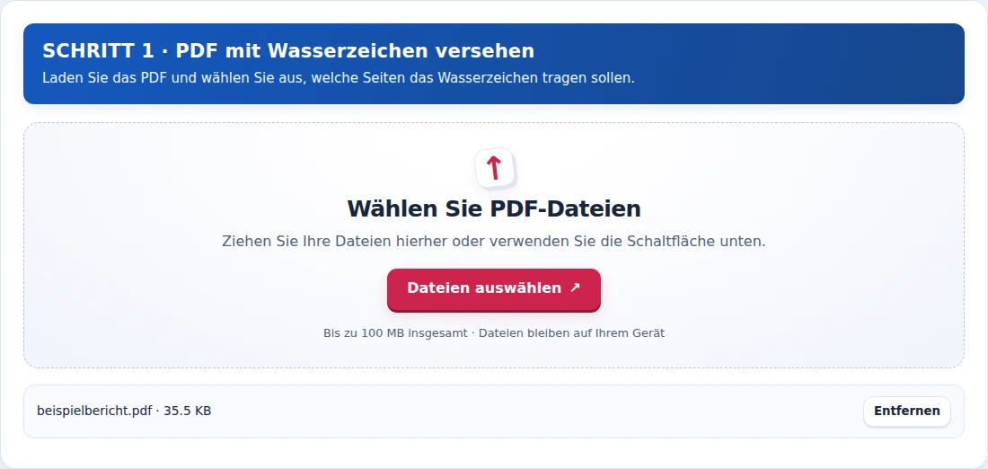 PDF mit Wasserzeichen versehen, Schritt 1: Laden Sie das PDF und wählen Sie aus, welche Seiten das Wasserzeichen tragen sollen.