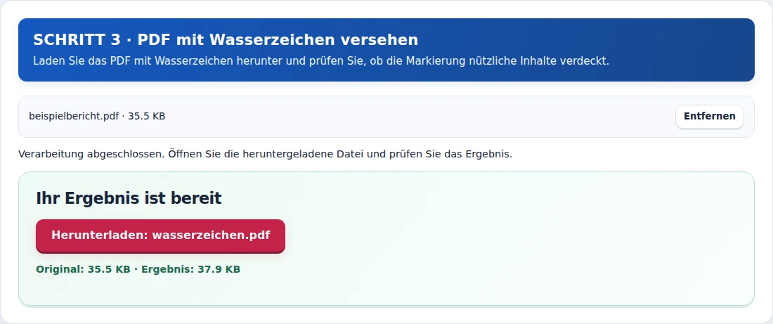 PDF mit Wasserzeichen versehen, Schritt 3: Laden Sie das PDF mit Wasserzeichen herunter und prüfen Sie, ob die Markierung nützliche Inhalte verdeckt.