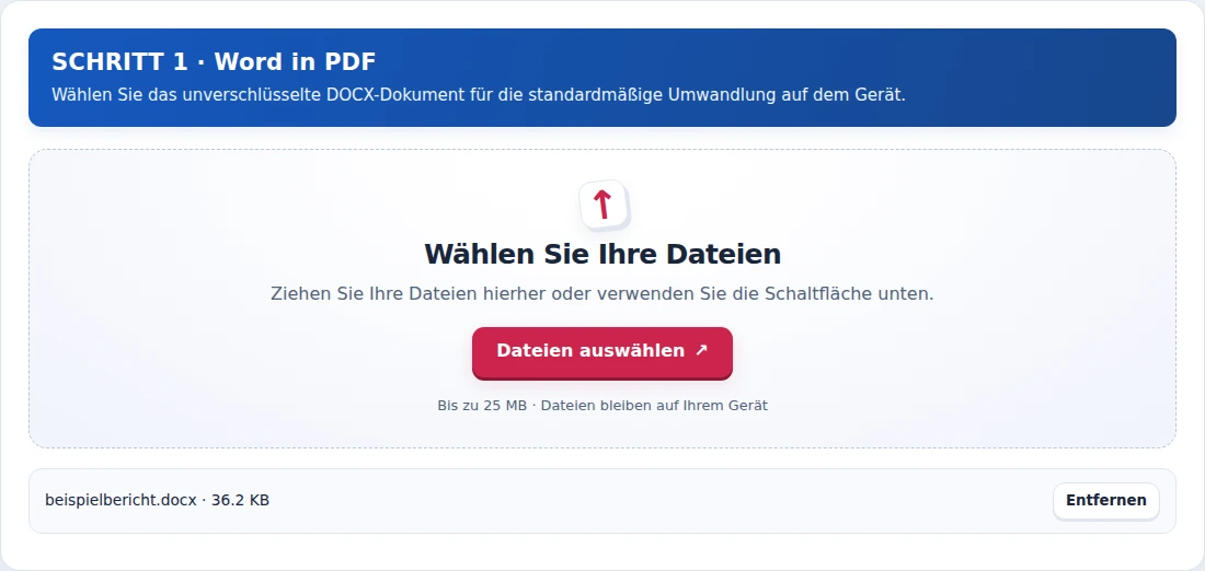 Word in PDF, Schritt 1: Wählen Sie das unverschlüsselte DOCX-Dokument für die standardmäßige Umwandlung auf dem Gerät.