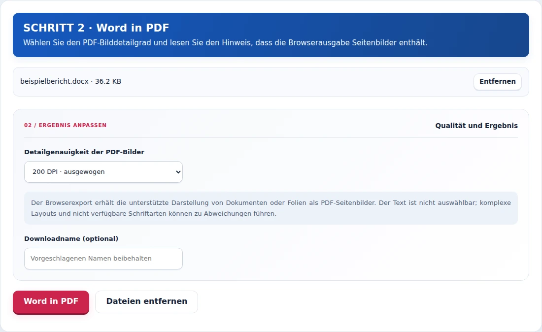 Word in PDF, Schritt 2: Wählen Sie den PDF-Bilddetailgrad und lesen Sie den Hinweis, dass die Browserausgabe Seitenbilder enthält.