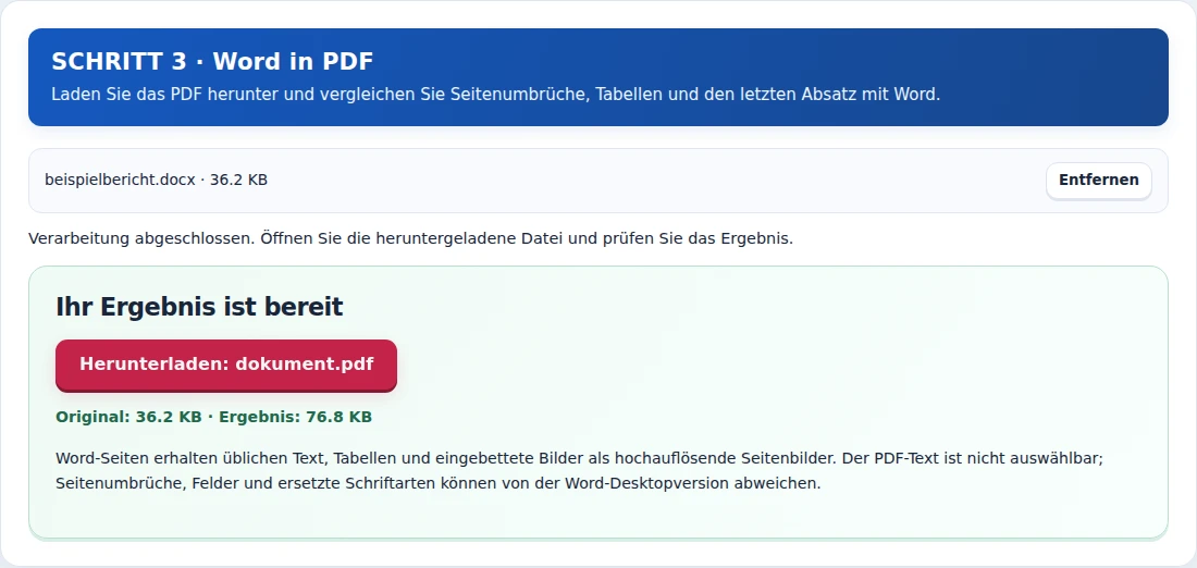 Word in PDF, Schritt 3: Laden Sie das PDF herunter und vergleichen Sie Seitenumbrüche, Tabellen und den letzten Absatz mit Word.