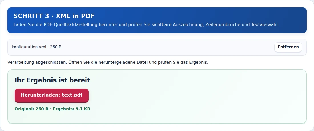 XML in PDF, Schritt 3: Laden Sie die PDF-Quelltextdarstellung herunter und prüfen Sie sichtbare Auszeichnung, Zeilenumbrüche und Textauswahl.