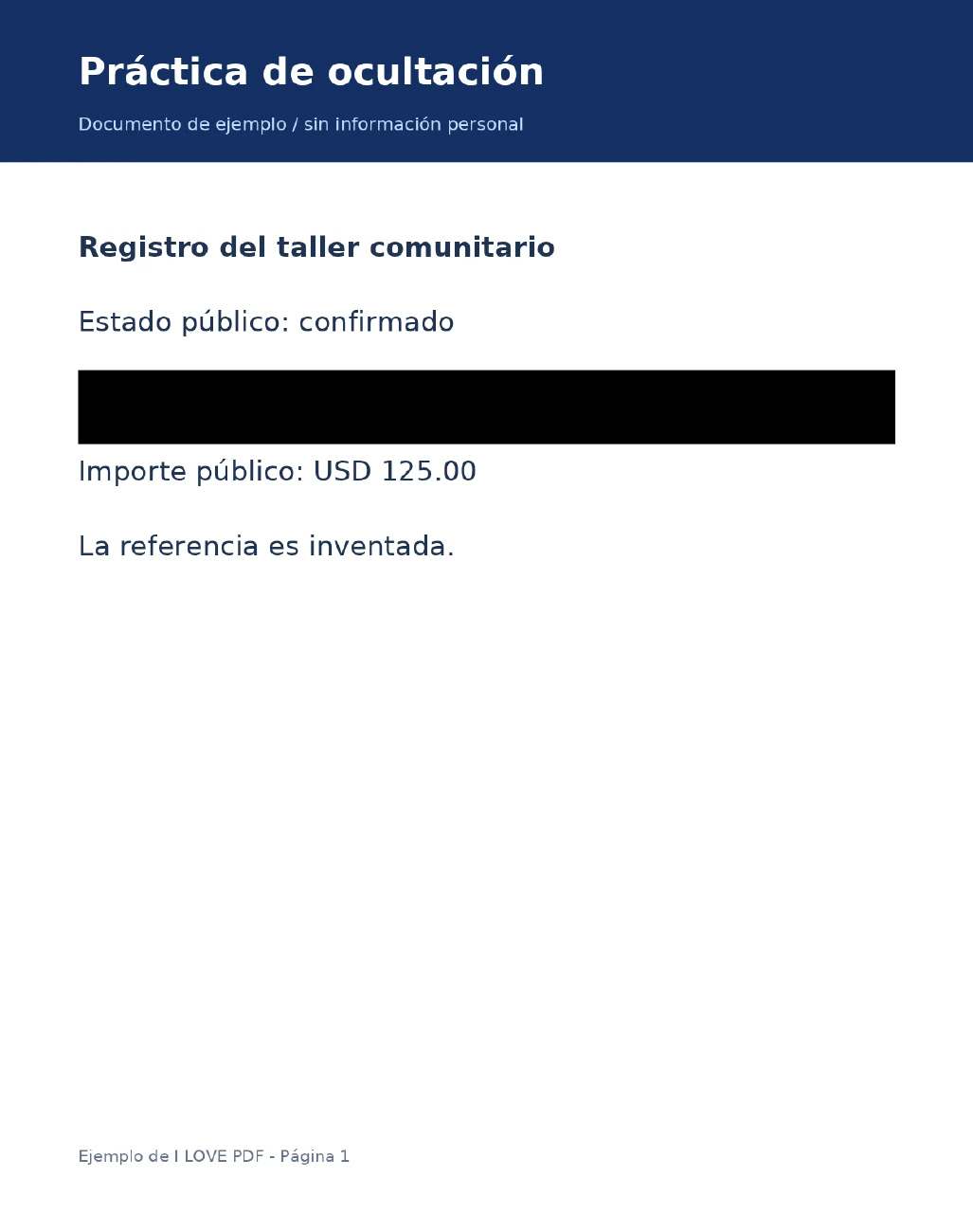 PDF resultante con un rectángulo negro opaco que cubre únicamente la línea de la referencia ficticia.
