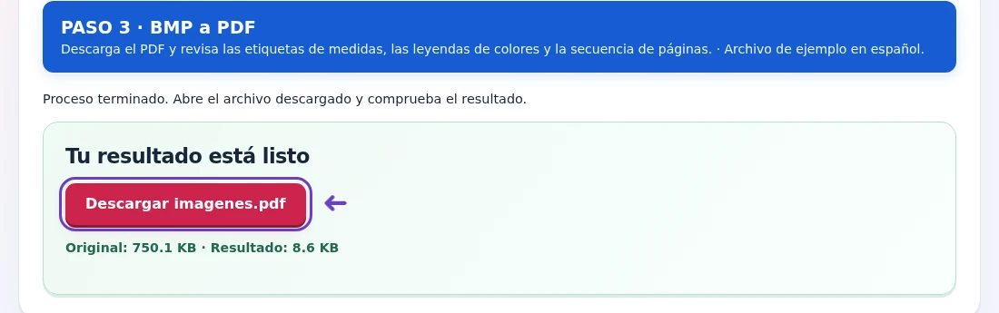 BMP a PDF, paso 3: Descarga el PDF y revisa las etiquetas de medidas, las leyendas de colores y la secuencia de páginas.