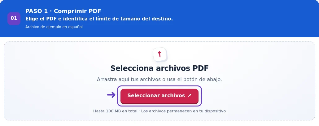 Comprimir PDF, paso 1: Elige el PDF e identifica el límite de tamaño del destino.