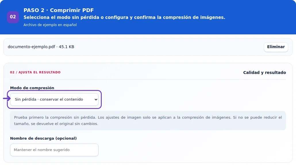 Comprimir PDF, paso 2: Selecciona el modo sin pérdida o configura y confirma la compresión de imágenes.
