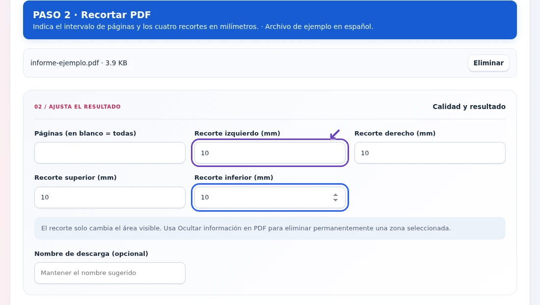 Recortar PDF, paso 2: Indica el intervalo de páginas y los cuatro recortes en milímetros.