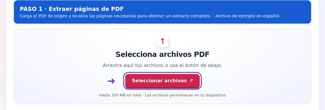 Extraer páginas de PDF, paso 1: Carga el PDF de origen y localiza las páginas necesarias para obtener un extracto completo.