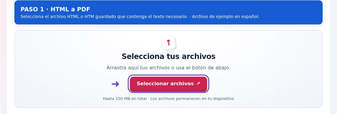 HTML a PDF, paso 1: Selecciona el archivo HTML o HTM guardado que contenga el texto necesario.