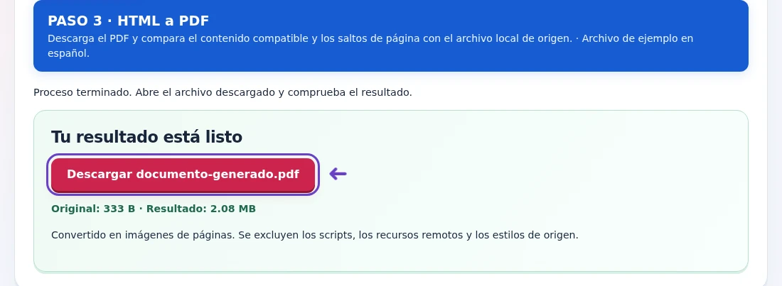 HTML a PDF, paso 3: Descarga el PDF y compara el contenido compatible y los saltos de página con el archivo local de origen.