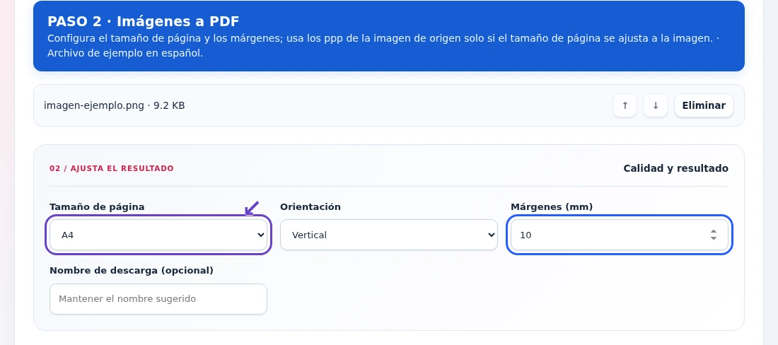 Imágenes a PDF, paso 2: Configura el tamaño de página y los márgenes; usa los ppp de la imagen de origen solo si el tamaño de página se ajusta a la imagen.