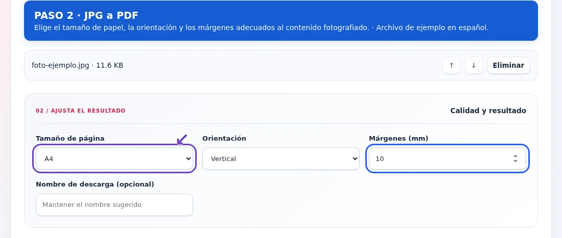 JPG a PDF, paso 2: Elige el tamaño de papel, la orientación y los márgenes adecuados al contenido fotografiado.