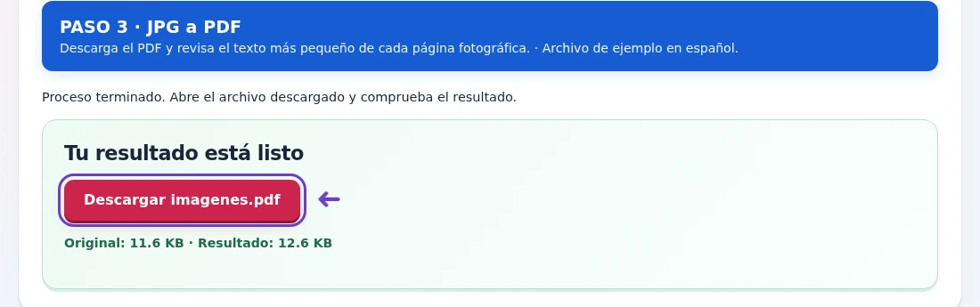 JPG a PDF, paso 3: Descarga el PDF y revisa el texto más pequeño de cada página fotográfica.