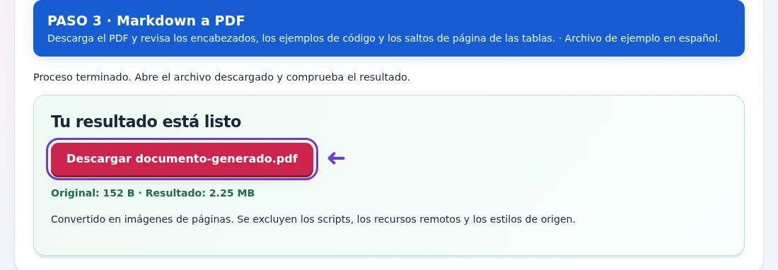 Markdown a PDF, paso 3: Descarga el PDF y revisa los encabezados, los ejemplos de código y los saltos de página de las tablas.