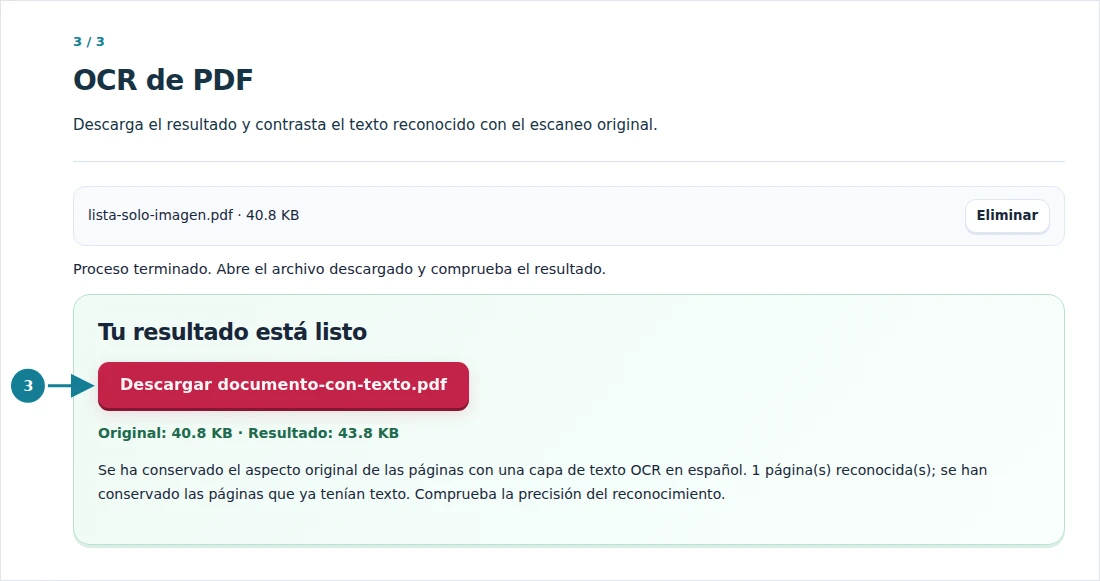 OCR de PDF, paso 3: Descarga el resultado y contrasta el texto reconocido con el escaneo original.