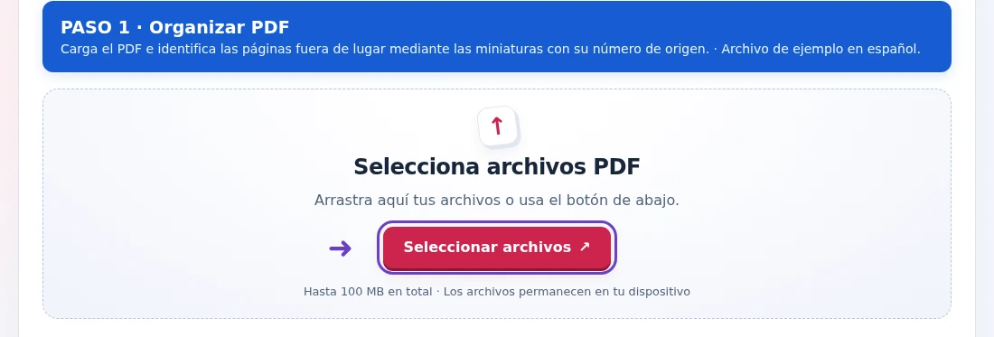 Organizar PDF, paso 1: Carga el PDF e identifica las páginas fuera de lugar mediante las miniaturas con su número de origen.
