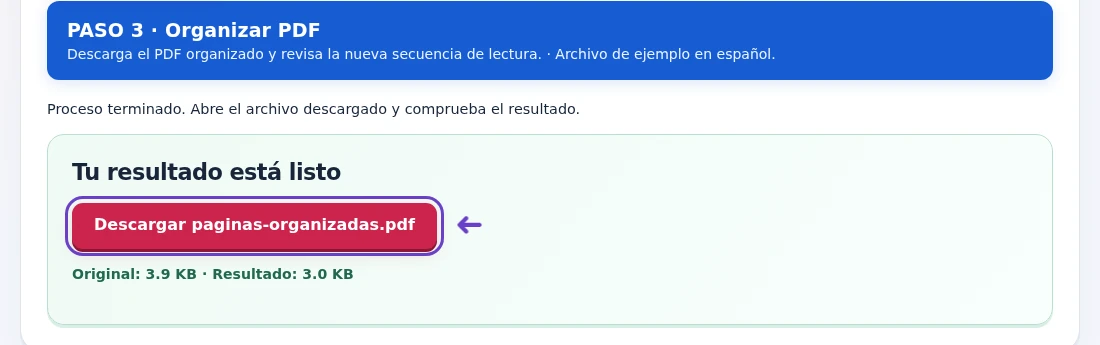 Organizar PDF, paso 3: Descarga el PDF organizado y revisa la nueva secuencia de lectura.