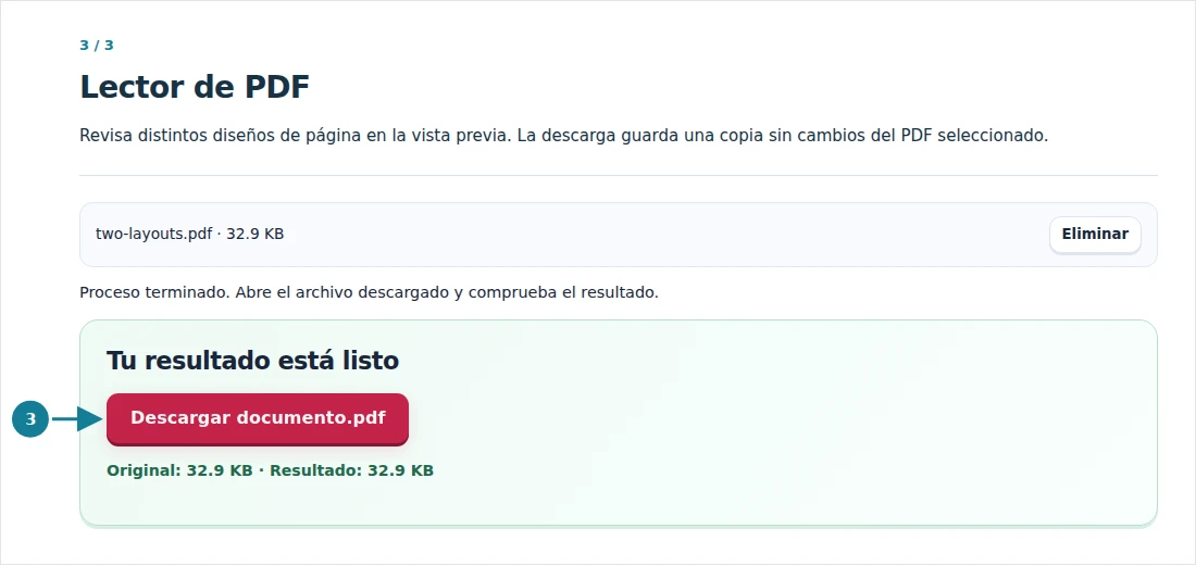 Lector de PDF, paso 3: Revisa distintos diseños de página en la vista previa. La descarga guarda una copia sin cambios del PDF seleccionado.