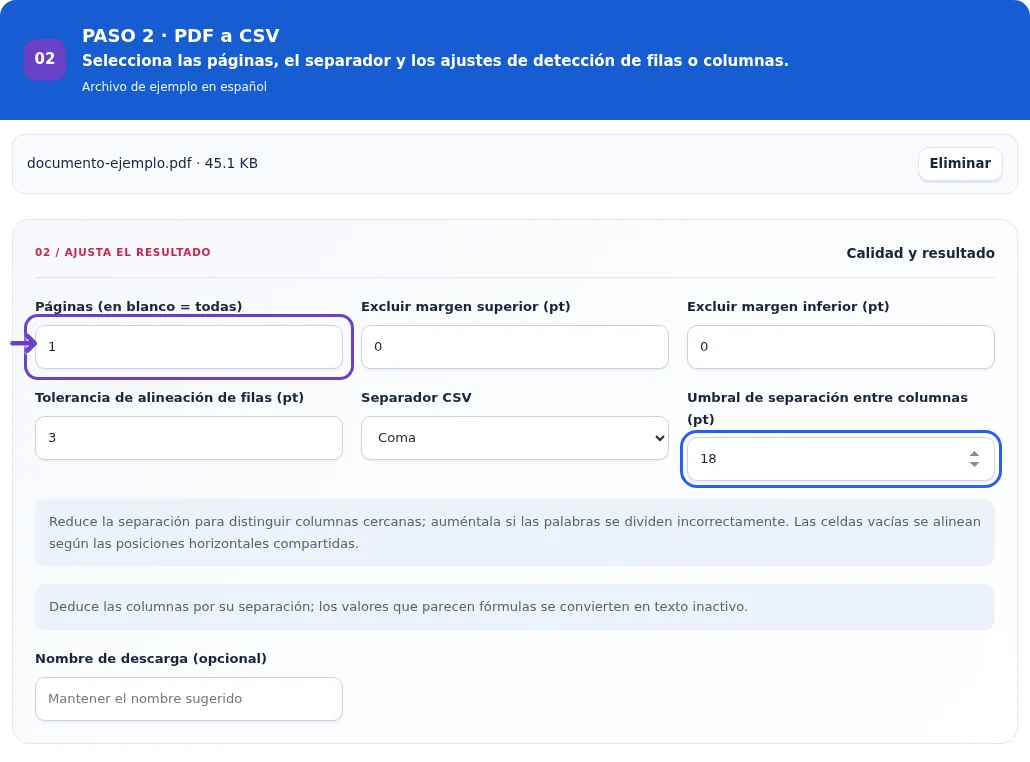 PDF a CSV, paso 2: Selecciona las páginas, el separador y los ajustes de detección de filas o columnas.