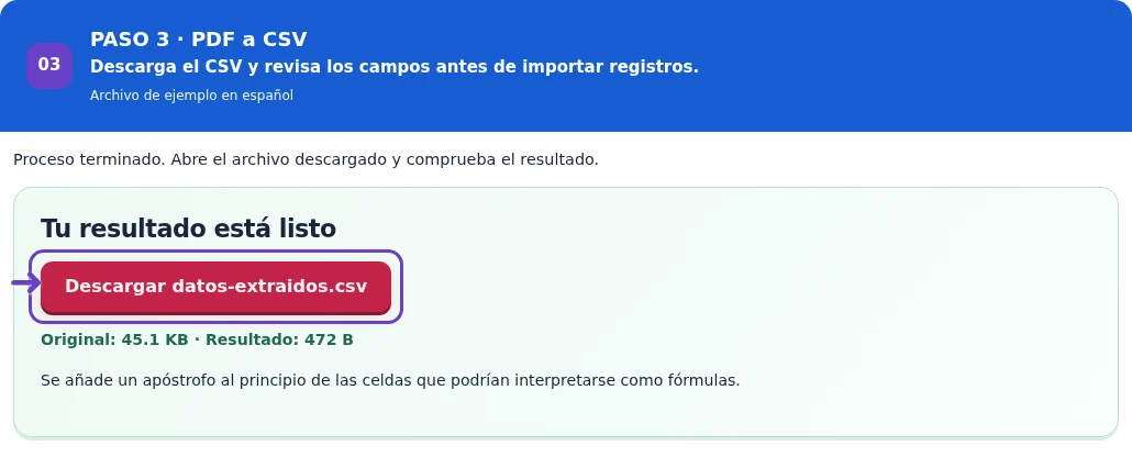 PDF a CSV, paso 3: Descarga el CSV y revisa los campos antes de importar registros.