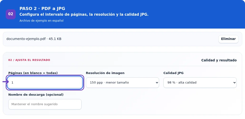 PDF a JPG, paso 2: Configura el intervalo de páginas, la resolución y la calidad JPG.