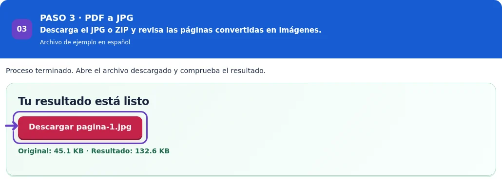 PDF a JPG, paso 3: Descarga el JPG o ZIP y revisa las páginas convertidas en imágenes.