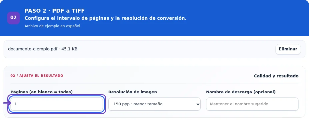 PDF a TIFF, paso 2: Configura el intervalo de páginas y la resolución de conversión.