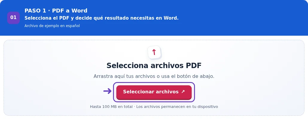 PDF a Word, paso 1: Selecciona el PDF y decide qué resultado necesitas en Word.