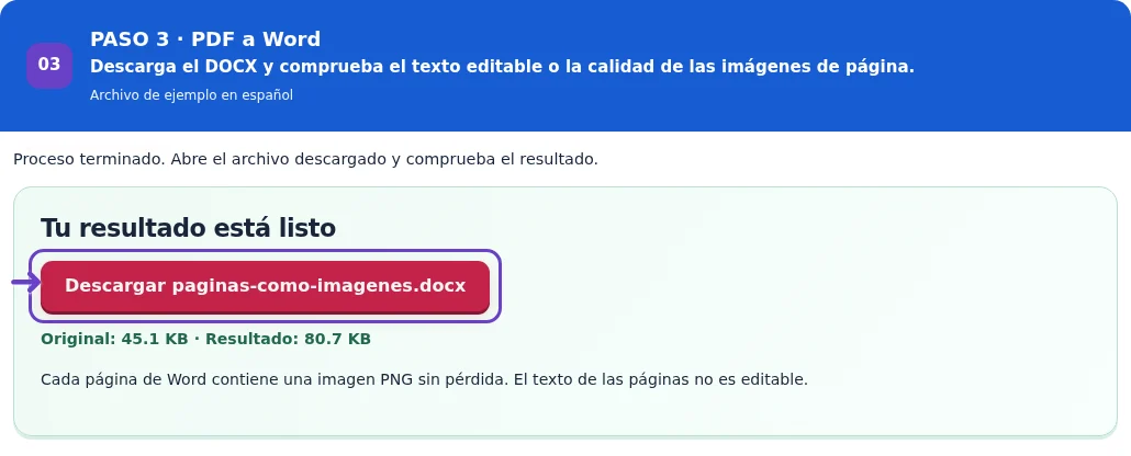 PDF a Word, paso 3: Descarga el DOCX y comprueba el texto editable o la calidad de las imágenes de página.