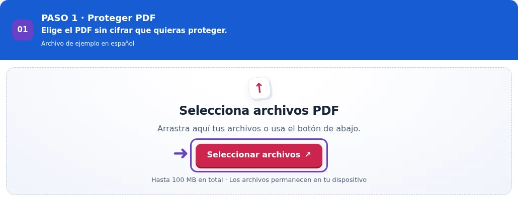 Proteger PDF, paso 1: Elige el PDF sin cifrar que quieras proteger.