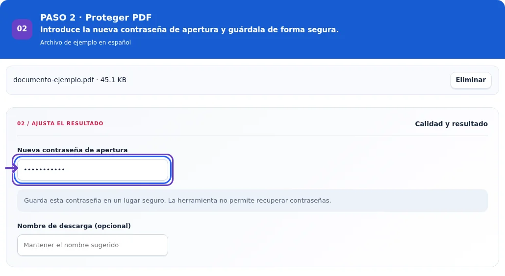 Proteger PDF, paso 2: Introduce la nueva contraseña de apertura y guárdala de forma segura.