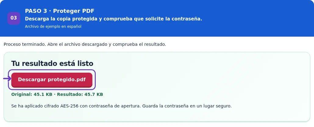 Proteger PDF, paso 3: Descarga la copia protegida y comprueba que solicite la contraseña.