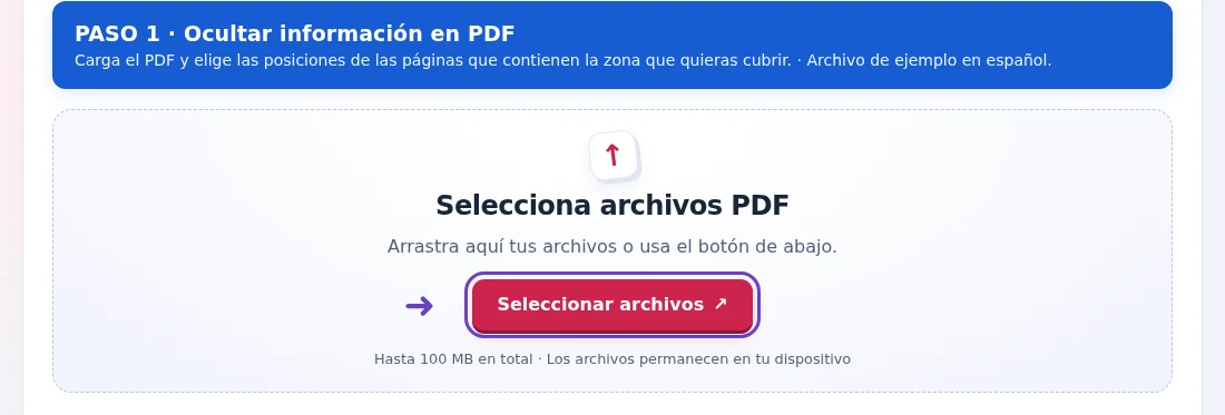 Ocultar información en PDF, paso 1: Carga el PDF y elige las posiciones de las páginas que contienen la zona que quieras cubrir.