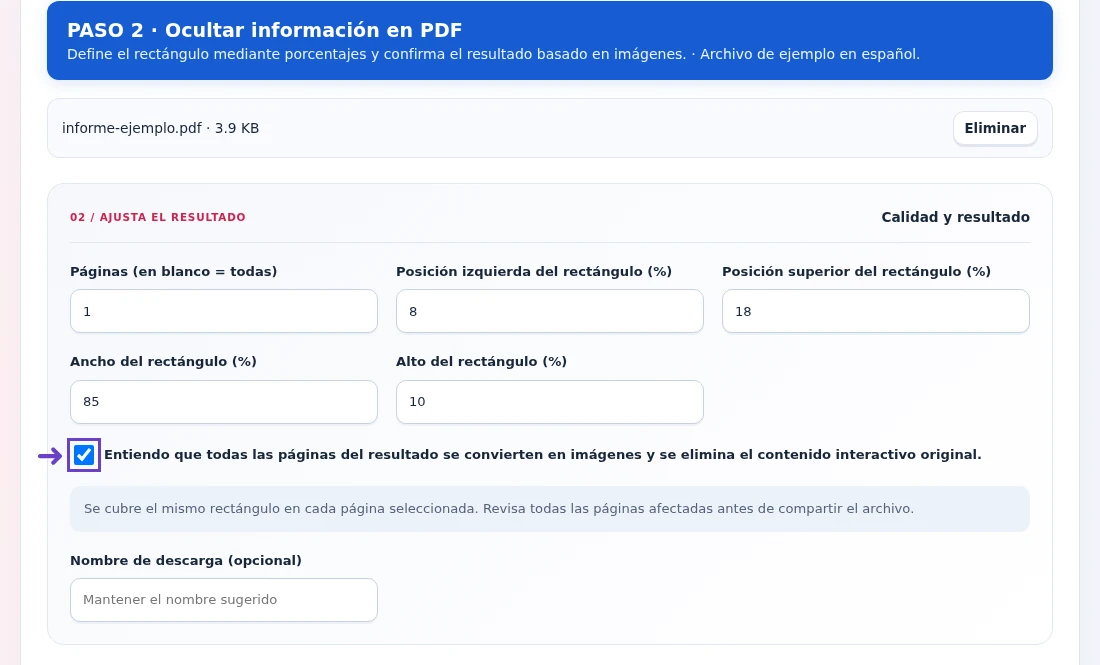 Ocultar información en PDF, paso 2: Define el rectángulo mediante porcentajes y confirma el resultado basado en imágenes.