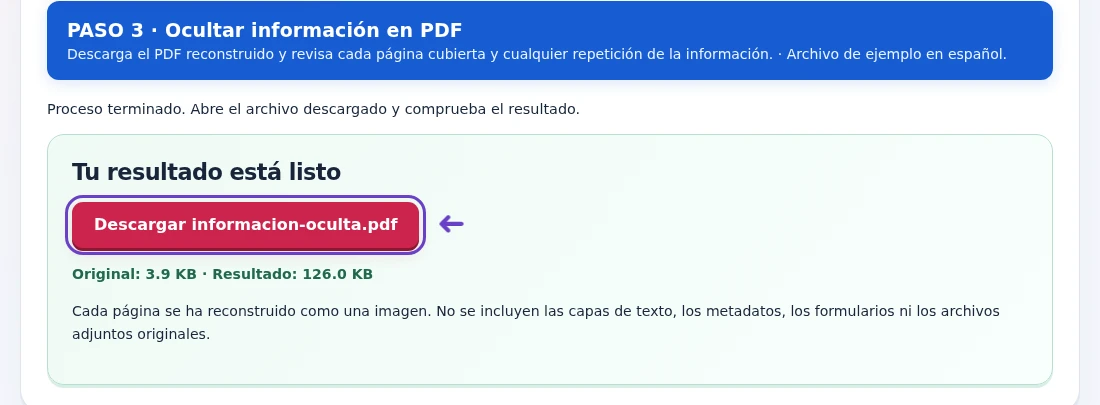 Ocultar información en PDF, paso 3: Descarga el PDF reconstruido y revisa cada página cubierta y cualquier repetición de la información.