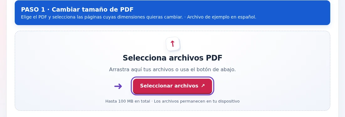 Cambiar tamaño de PDF, paso 1: Elige el PDF y selecciona las páginas cuyas dimensiones quieras cambiar.