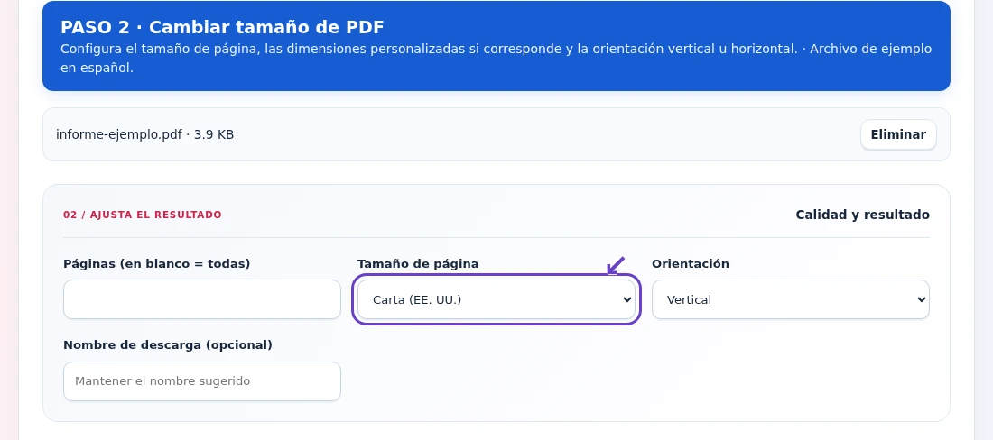 Cambiar tamaño de PDF, paso 2: Configura el tamaño de página, las dimensiones personalizadas si corresponde y la orientación vertical u horizontal.