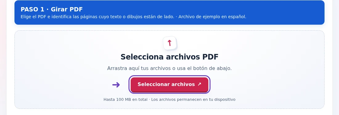 Girar PDF, paso 1: Elige el PDF e identifica las páginas cuyo texto o dibujos están de lado.