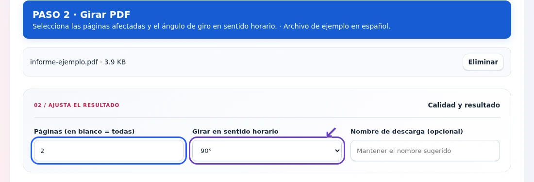 Girar PDF, paso 2: Selecciona las páginas afectadas y el ángulo de giro en sentido horario.